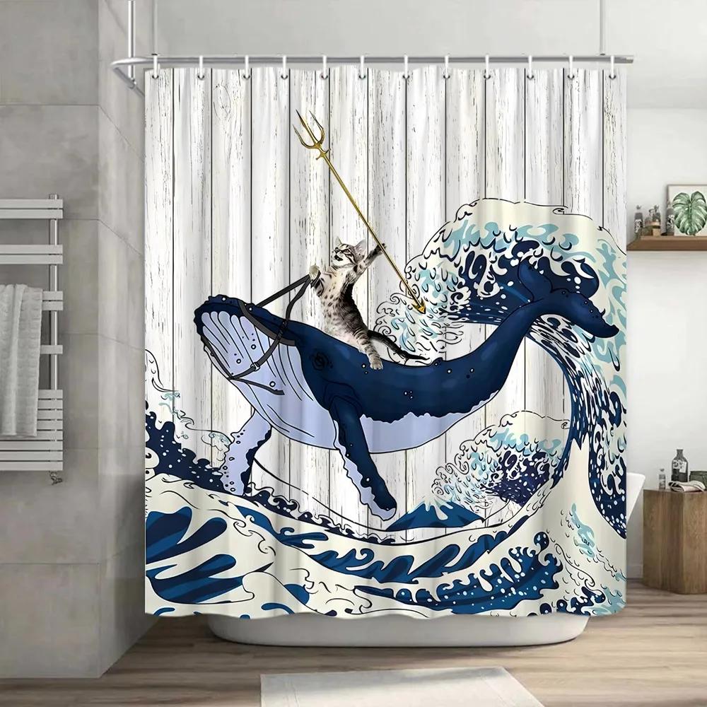 Funny Cat Shower Curtain, Cool Cat Dinosaur Japanese Ocean Wave Decor Fabric Bathroom Curtains, Kids Rustic Wooden Bath Curtain