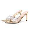 Liyke 7CM/8.5CM Women Fashion Catwalk Transparent Slipper Crystal Rhinestone High Heels Mules Sexy Pointed Toe Party Dress Shoes