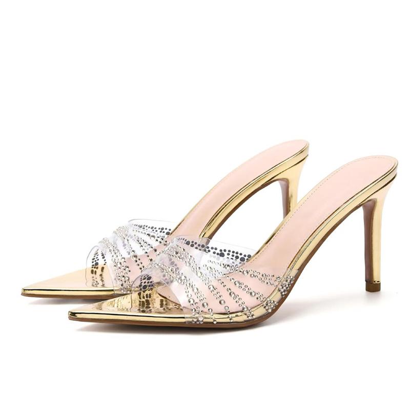 Liyke 7CM/8.5CM Women Fashion Catwalk Transparent Slipper Crystal Rhinestone High Heels Mules Sexy Pointed Toe Party Dress Shoes