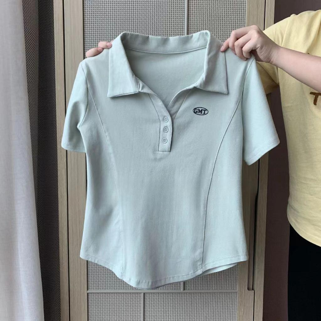 Damen Sommer Baumwolle Oversized Polokragen Kurzarm T-Shirt Lockere Passform Bequemes Oberteil