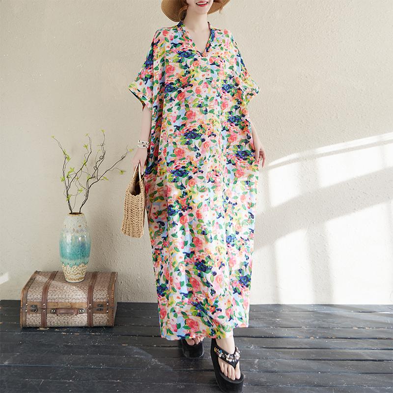Dimanaf 2025 Women Plus Size Summer Dress Floral Casual Vintage Dress Basic V-Neck Loose Linen Long Dress Maxi