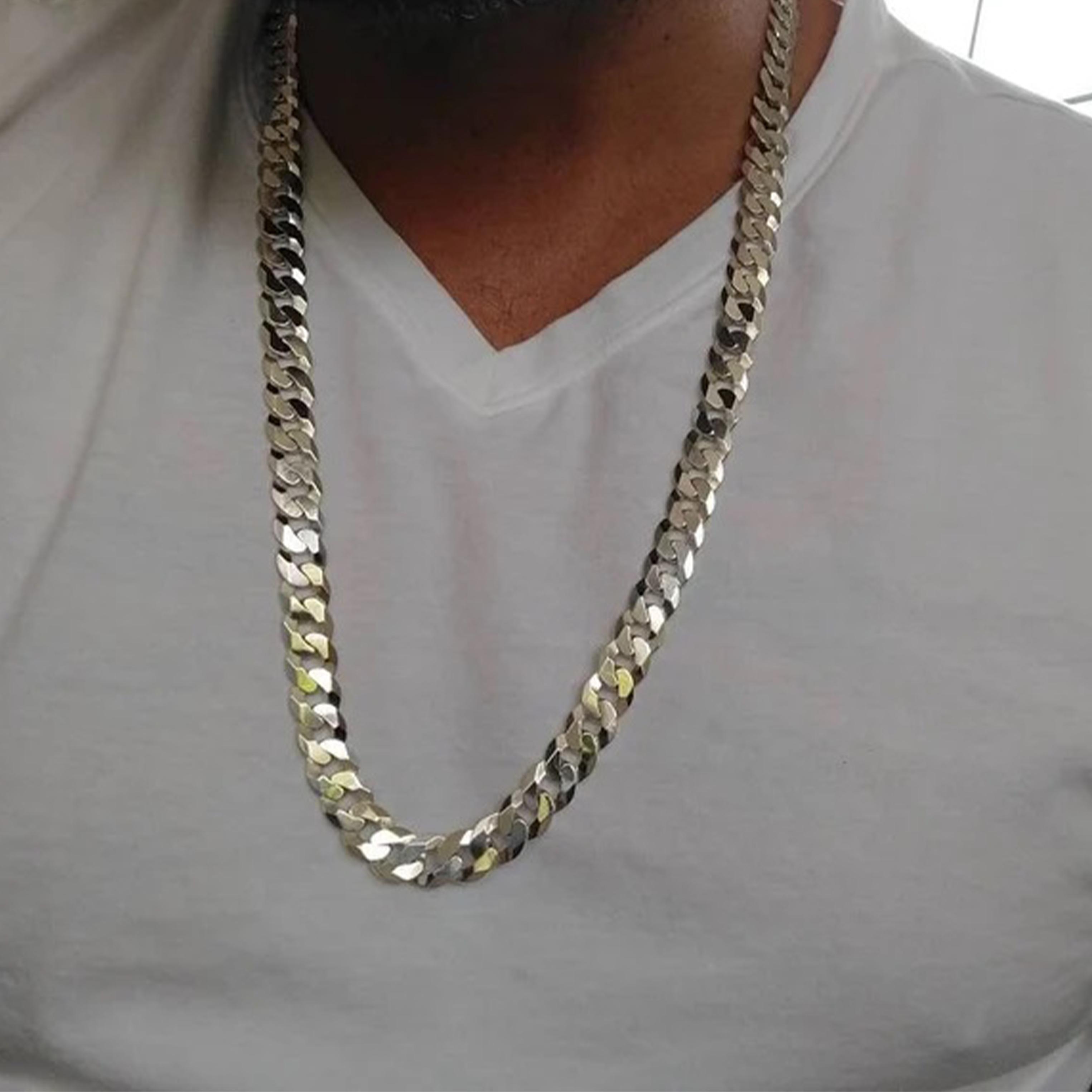 

Твердое ожерелье из стерлингового серебра 925 пробы 10 мм, сплошная кубинская цепочка из бордюрного звена, толстая цепочка для ожерелья, подарок для него, кубинское звено 35 cm серебряный