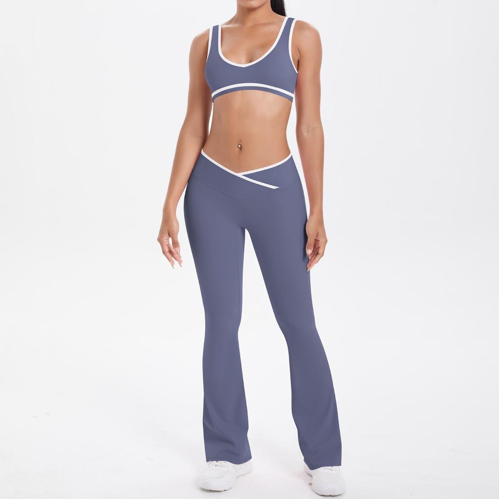 New double-sided abrasive contrasting color tight and breathable cross wide-leg yoga suit sports running fitness women