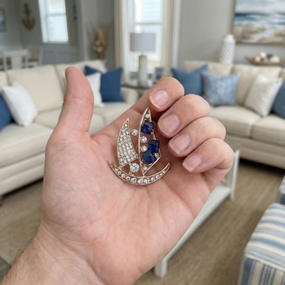 Zinc Zinc Alloy Suit Collar Pin Boat Badge Men Brooch Delicate Rhinestone Sailboat Brooch  Ceremony Banquet
