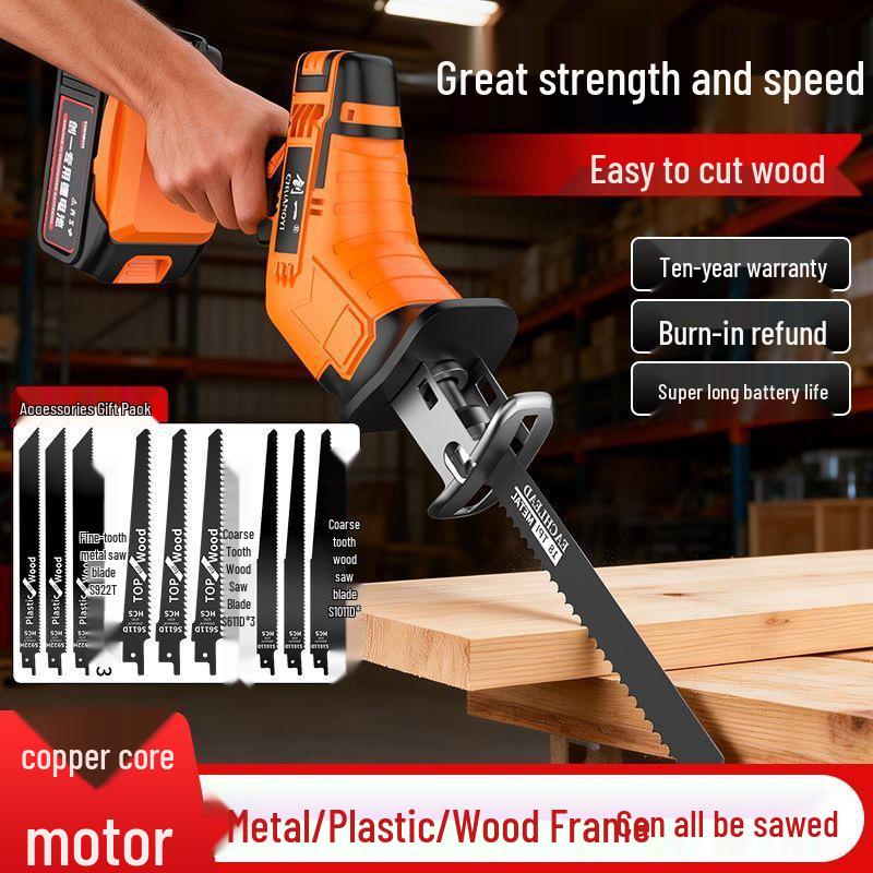 Rechargeable Handheld Electric Reciprocating Saw with Lithium Battery for Small Outdoor Cutting and Logging Tasks.