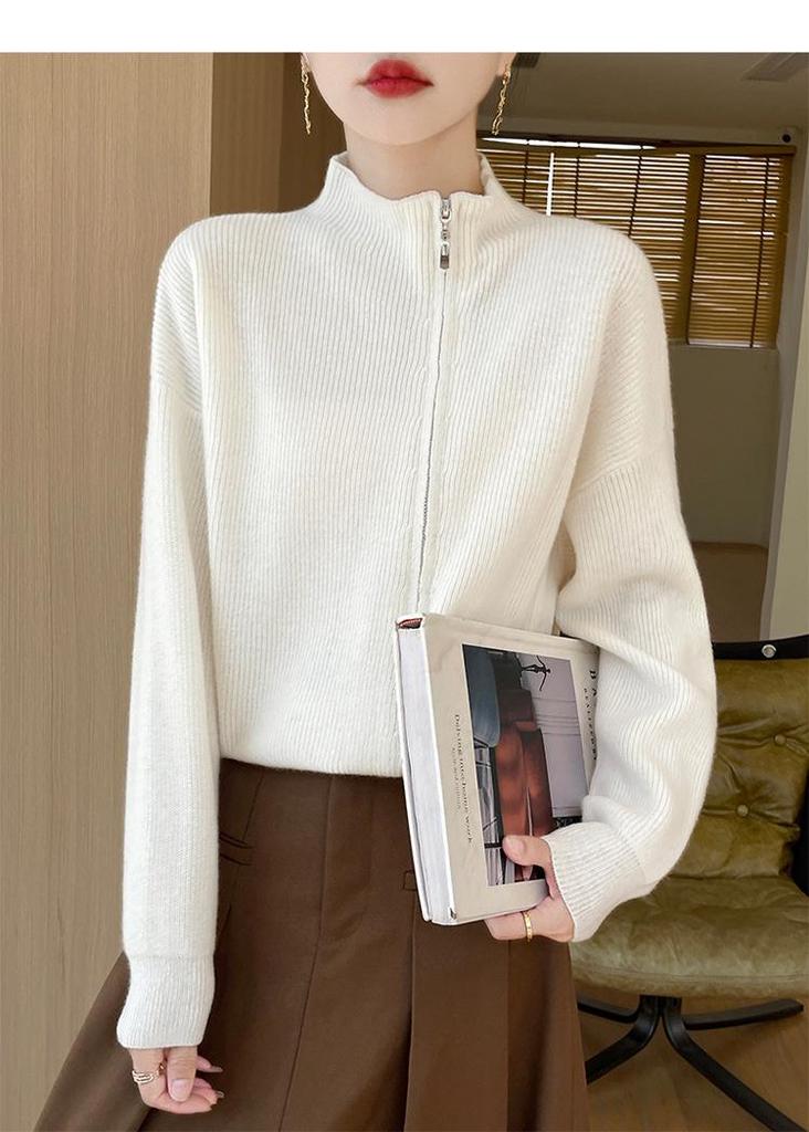 Damen Reiner Wollweicher Reißverschluss-Cardigan - Flauschiger Lockerer Pullover mit Halbem Rollkragen für Herbst und Winter