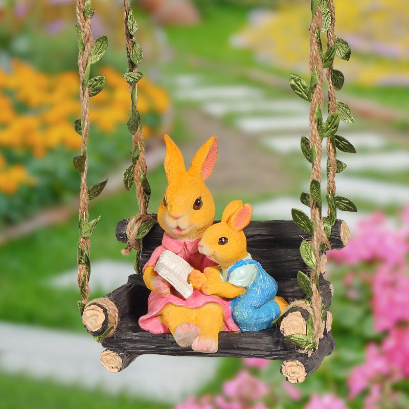 Cute Rabbit Statue - Swinging Rabbit Sculpture Resin Animal Figurine - Garden Decor Ornament for Lawn and Yard