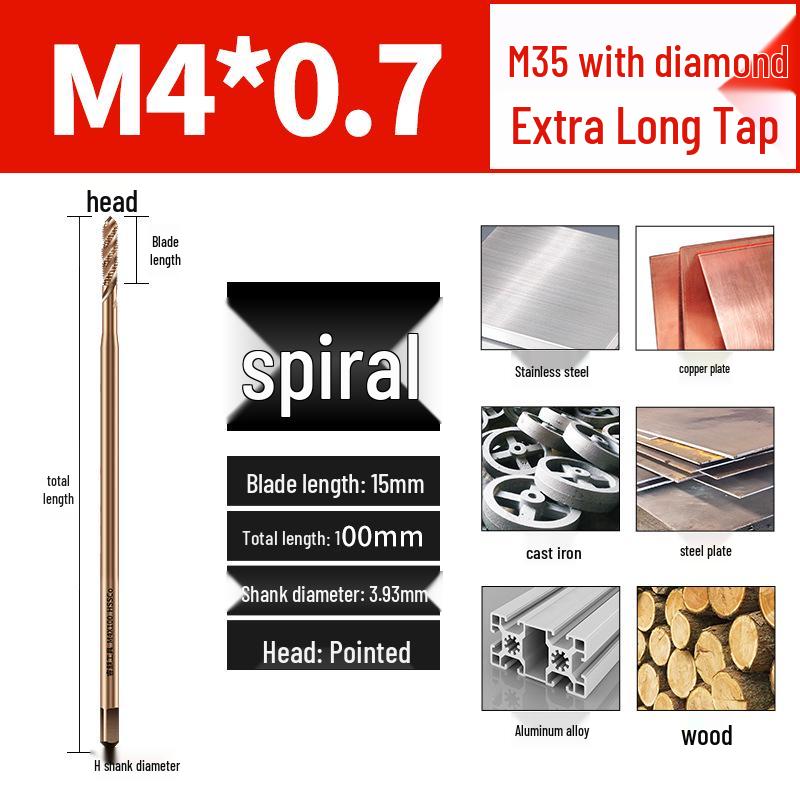 Titanium Coated Cobalt Straight Flute Extra Long Tap for Stainless Steel, Sizes M3-M8