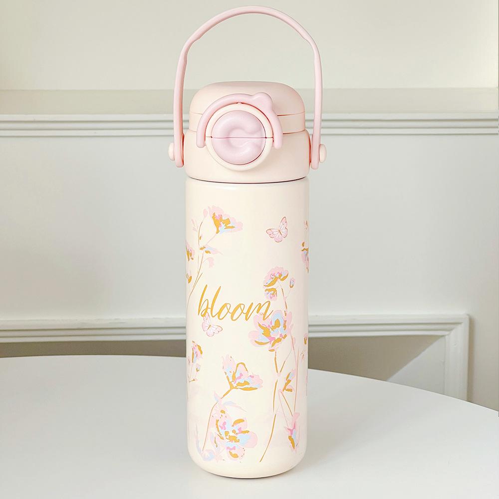 Cute and sweet girl thermos cup convenient cartoon straw cup office home student 316 stainless steel cup