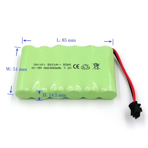 Gecoty 7.2V Battery, SM-2P Plug, 2400mAh Ni-MH Rechargeable Battery with Charging Cable, Suitable for Many Types of RC Trucks, RC Engineering Vehicles