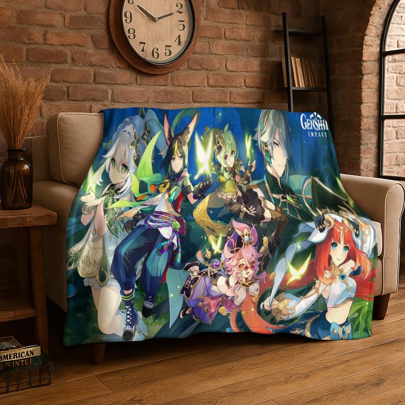 New Genshin Impact Cartoon Game Flannel Blanket Soft Warm Throw Blanket for Bedroom Living Room Bed Travel Camping Picnic Gift