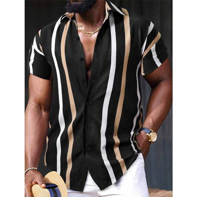 Hong Kong Style Draped Striped 3D Printed Button Cardigan, A Versatile Aloha Shirt for Men's Summer Business and Vacation Wear.