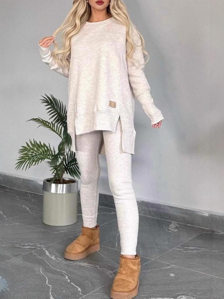 2024 European & American Autumn/Winter Women's Round Neck Slit Top & Solid Velvet Set – 2 Pieces