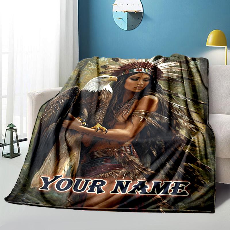 1PC Custom Name Eagle Spirit Warrior Flannel Blanket Versatile,all-season Throw Suitable for the Living Room,bedroom,camping,travel,and Gift