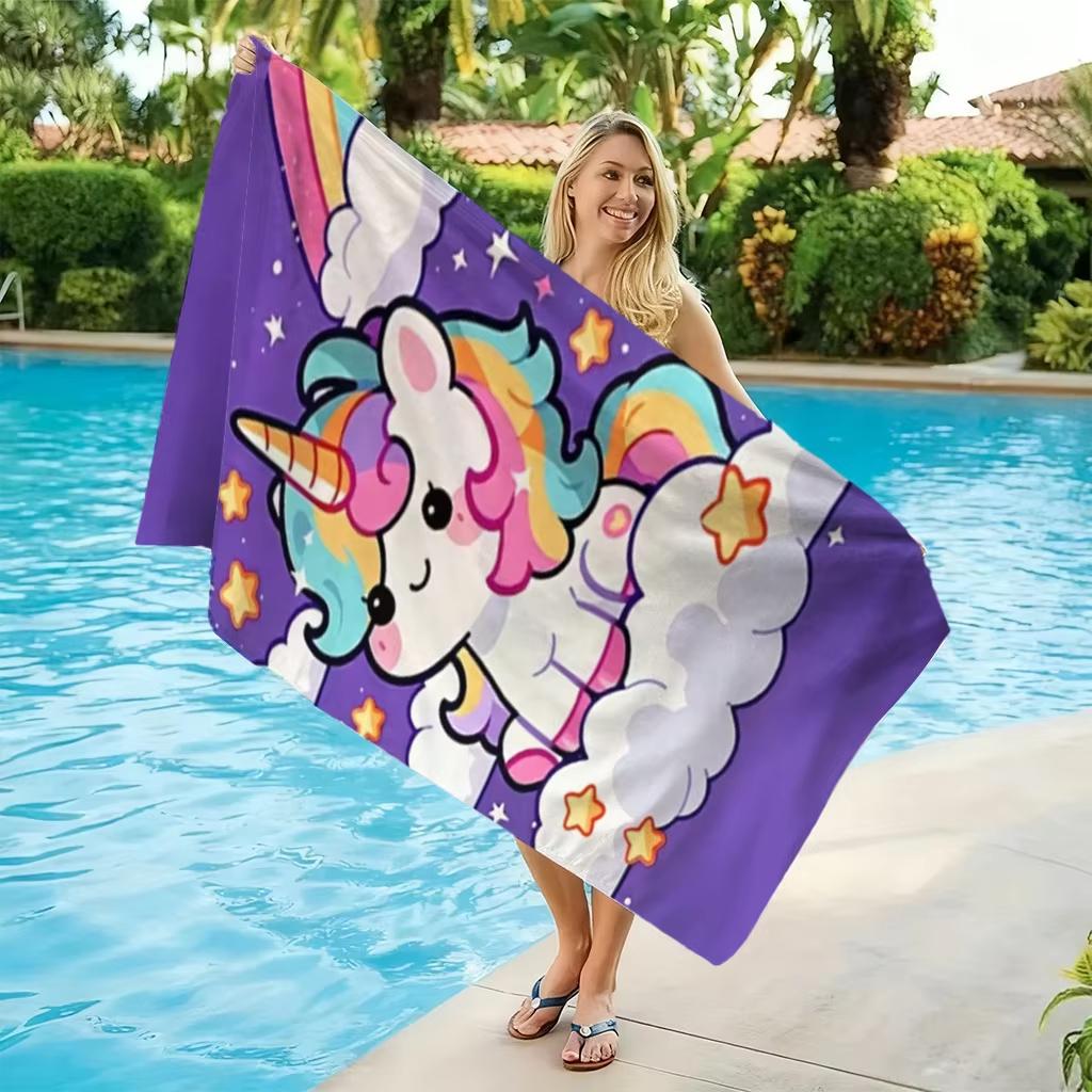 Cute Unicorn Rainbow Beach Towel Starry Sky Flat Print Large Soft Microfiber Bath Towel for Girl Kids Pool Travel Gift