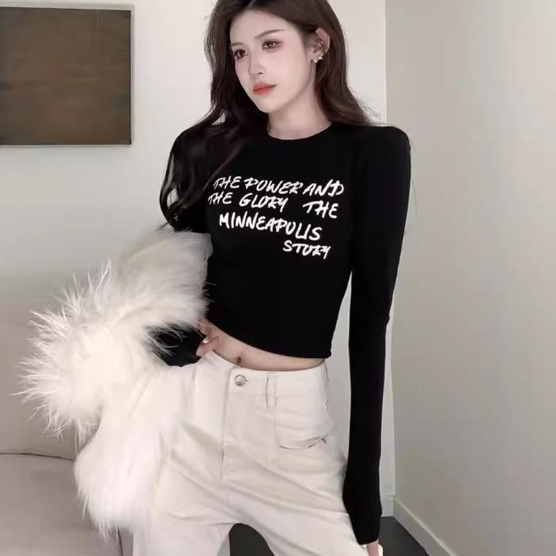 Ladies Autumn Fasshion Long Sleeve Crew Neck Slim Fit Basic Letter Printed Pullover T Shirt Crop Top for Layering