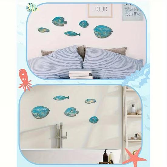 5 Pcs Wood Fish Nautical Wall Decor Rustic Blue Fish Wooden Wall Art Coastal Beach Hanging Sculpture for Home Lake House Bathroom Decor