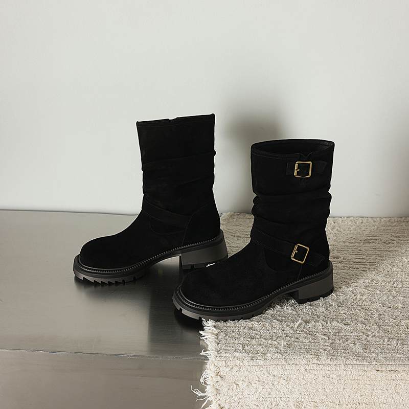 Krazing Pot Cow Suede Nubuck Winter Round Toe Western Boots Med Heels Slip On Metal Buckles Women Mid-calf Boots