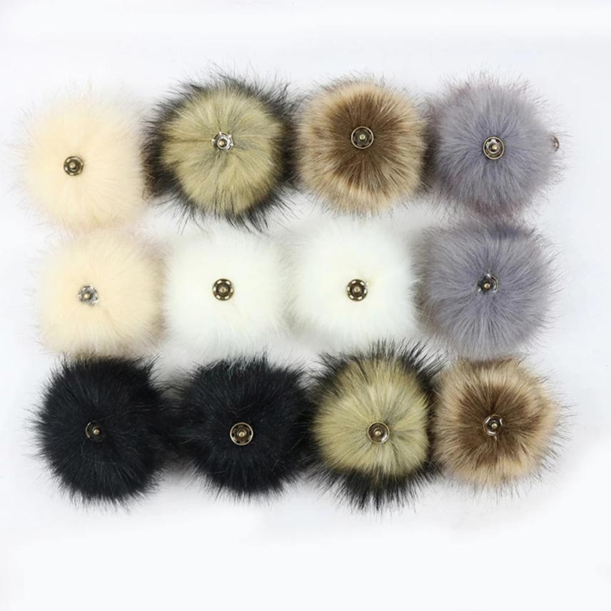 2Pcs Faux Fox Fur Pom-Pom for Hats DIY Crafts Hairball Hat Ball Pompom for Handicrafts with Press Button Toys Accessories