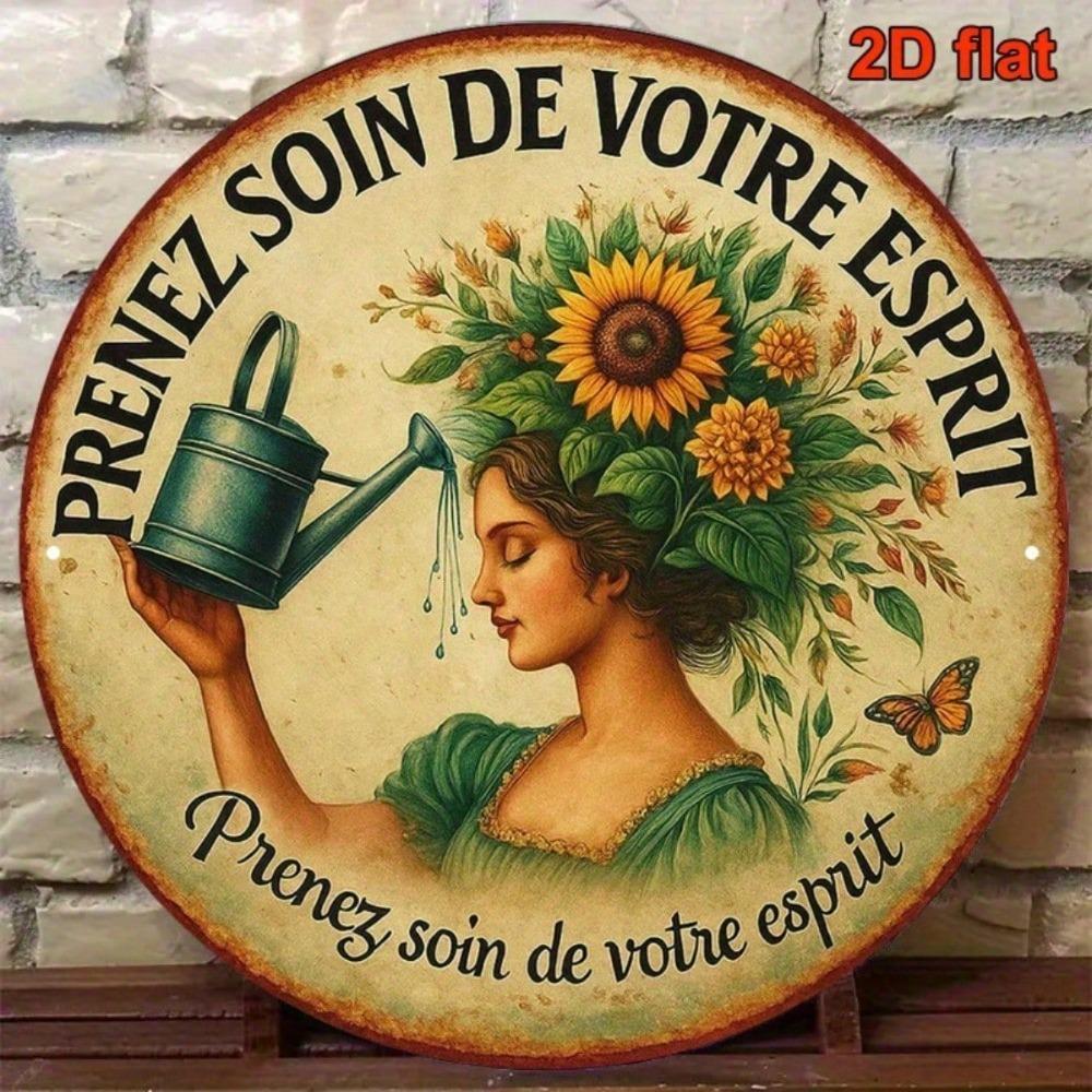 Vintage Franse Zorg Voor Je Geest 8 Inch Rond Blikken Bord Botanische Gieter Bladwerk Wanddecoratie Plaquette