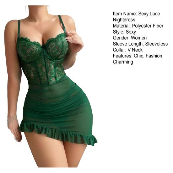 Women's Sexy Lace Sheer Bodycon Mini Dress See Through Chemise Bobydoll Nightdress Ruched Nightgown Set with Thong