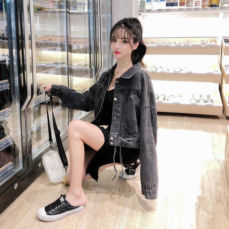 Spring and Autumn Denim Short Jacket Female Students Korean Version of Loose Lacing Hong Kong Style All Metch Tops