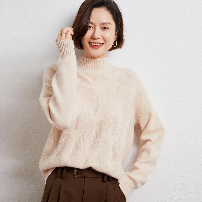 Women's Chunky Cable Knit Cashmere Sweater - Solid Color, Half-High Neck, Thickened Pullover for Autumn and Winter