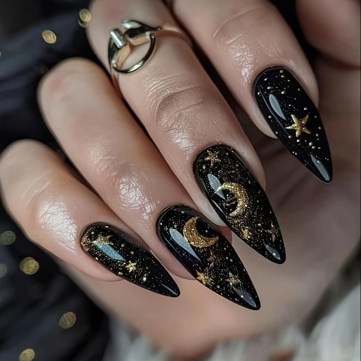 Black Almond Gold Star Shiny Wearable Nails - European and American Design