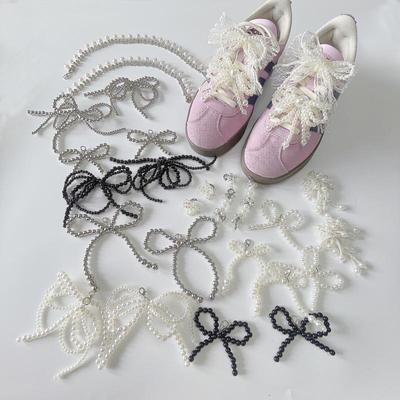 Set of 2 Korean High-Shine Pearl Bow Ornament Shoe Buckles - Fragrant Style Shoelace Buckle for Women.