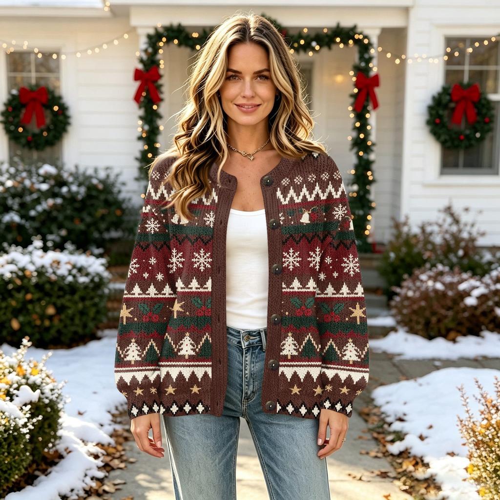 Damen Casual Christmas Print Langarm Offen Vorne Strickjacke Jacke für Herbst und Winter