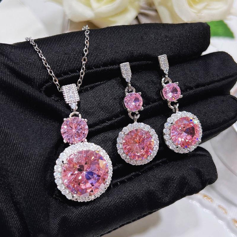 Trendy Pink Rhinestone Necklace Women's Temperament Elegant Necklace And Earrings Jewelry Gift