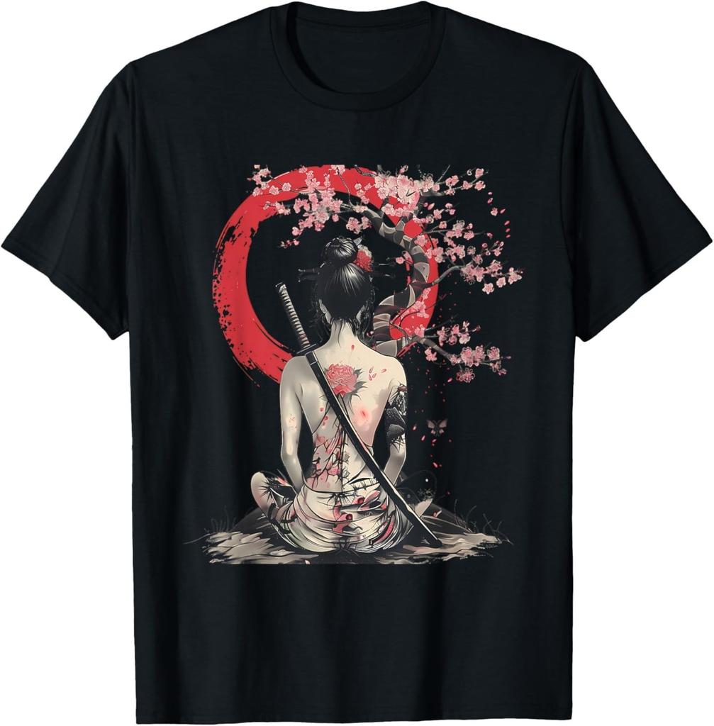 Japanese Samurai Girl Sakura Cherry Blossom Japanese Geisha T-Shirt