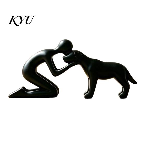 Dekorative Regalstatue für Haustierverlust, Abstrakte Mensch-Hund Harzfigurine, Sandsteinstruktur Bindungsskulptur, Gedenk-Souvenirs, Elternhaus