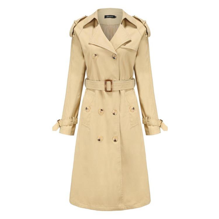 Khaki Long Women Trench Coat Autumn Winter Turn Down Collar Casual Belted Outwear S хаки