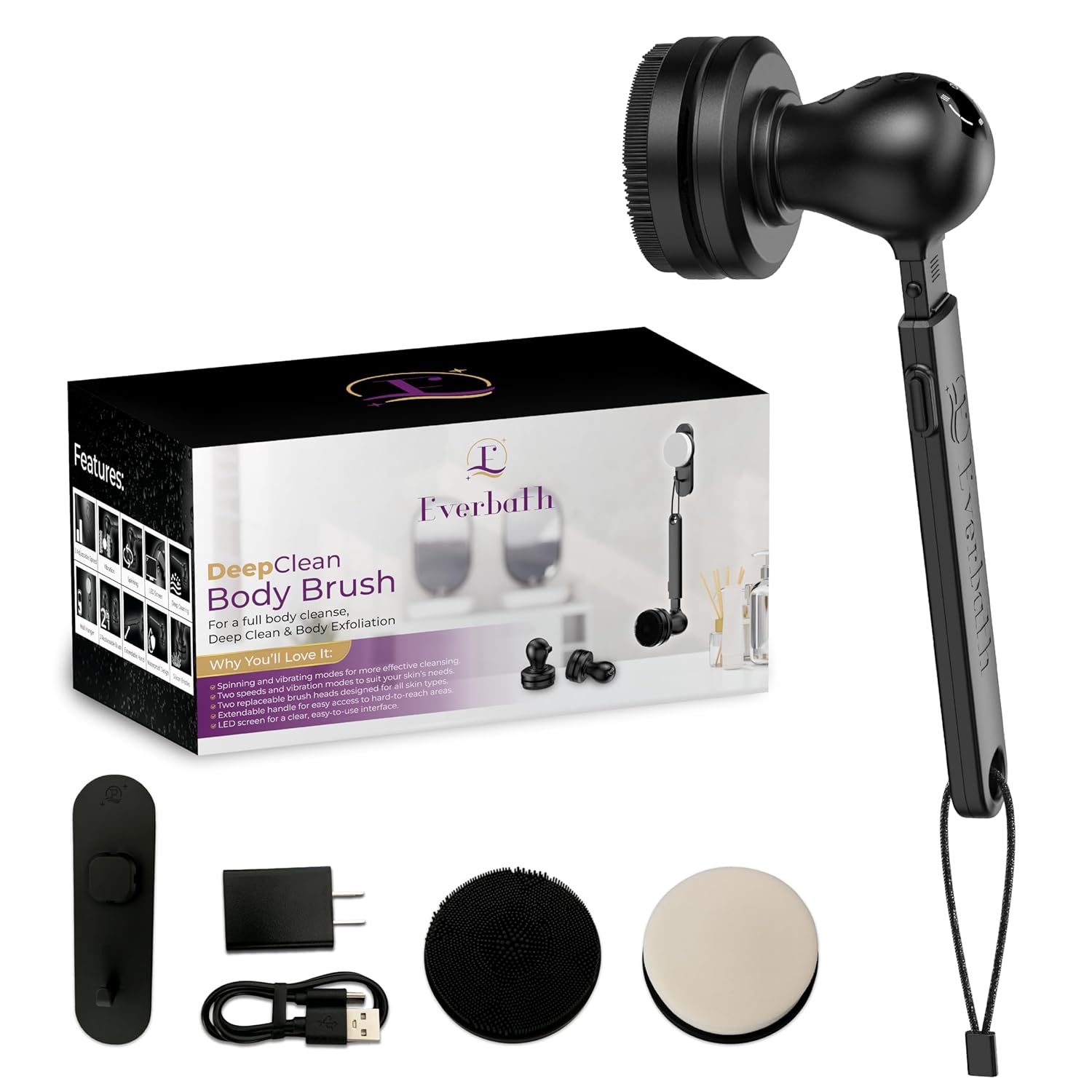 

Shower Brush – Waterproof, LED Display, Adjustable Spin & Vibration Modes, Extendable Arm, Anti-Slip Design, Type United States