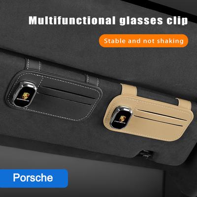 Leather Car Glasses Clip Sunglasses Bank Card Holder For 911 718 Taycan Panamera Cayenne Macan Boxster Cayman Pajun 918