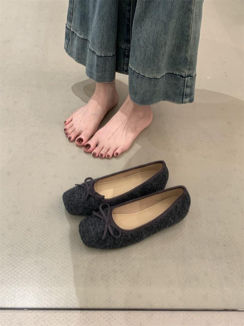 Ретро балетки с плоской подошвой мелкий вырез женские шерстяные мягкая подошва мокасины на одно нажатие женская обувь 40 темно-серого 2980₽