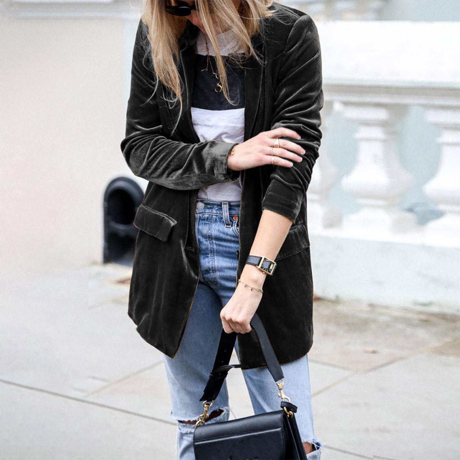 

Женская мода с длинным рукавом золотого бархата сплошной повседневный свободный кардиган пальто XXL чёрный