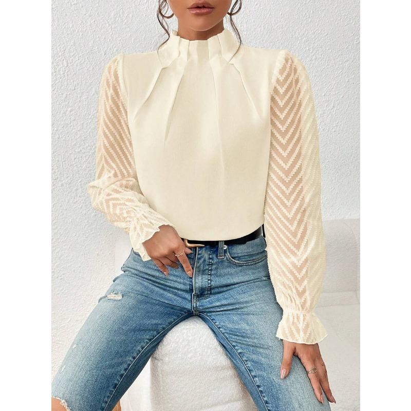 Half High Collar Long Sleeve Wavy Splicing Blouse Elegant Women Spirng Autumn Shirt Ladies Solid Color Loose Tops Sweet Simple Office Pleated Clothing