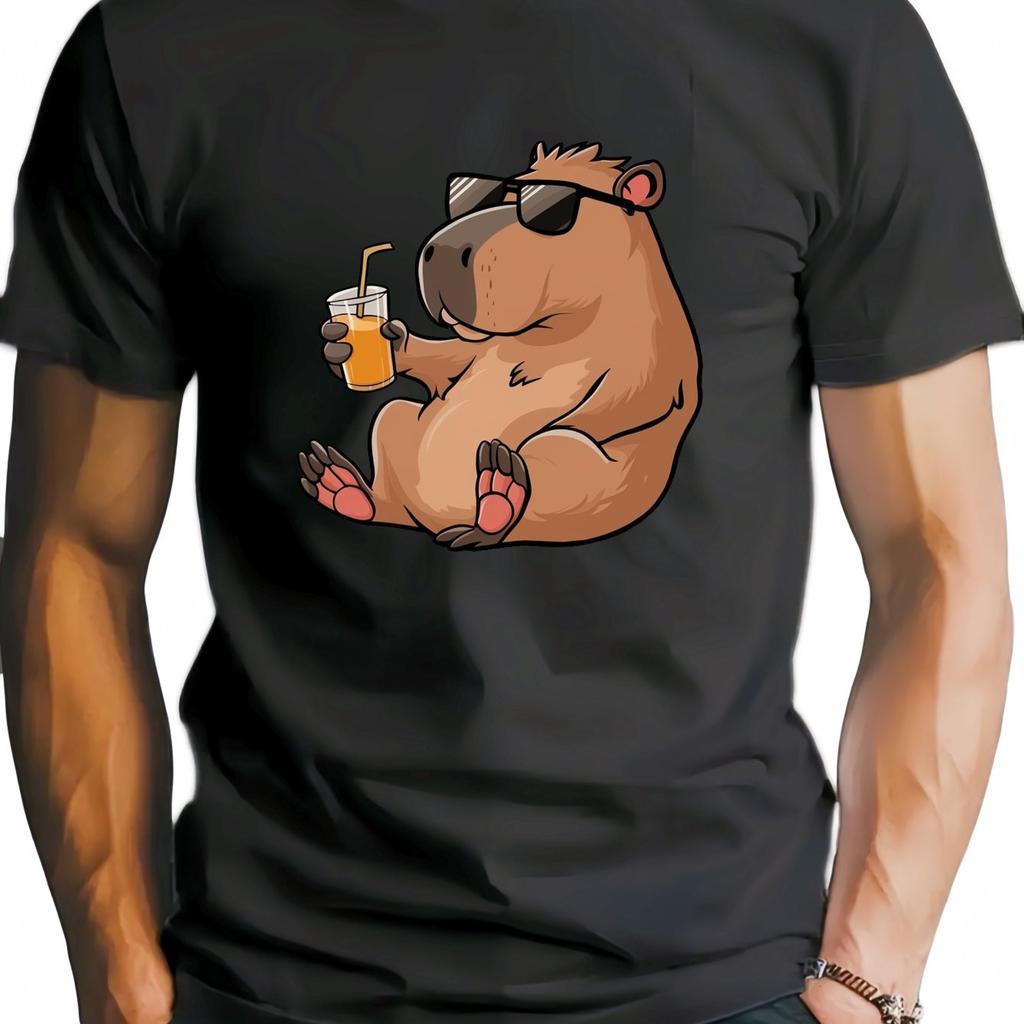 Capybara Drinking Juice Graphic Tee Men Casual Cotton Round Neck Short Sleeve TShirt Cool Summer