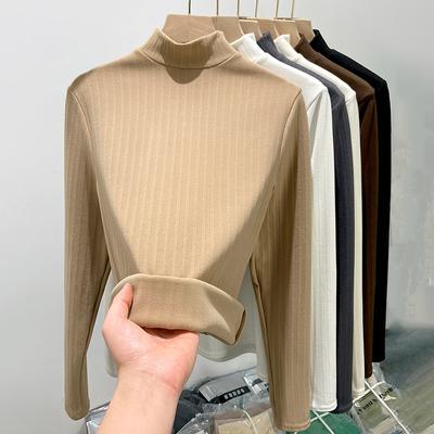 Reversible Velvet Half-turtleneck Base Layer, Women's Threaded Knitwear, Autumn and Winter Fashion, with a Long-sleeved Thermal Top