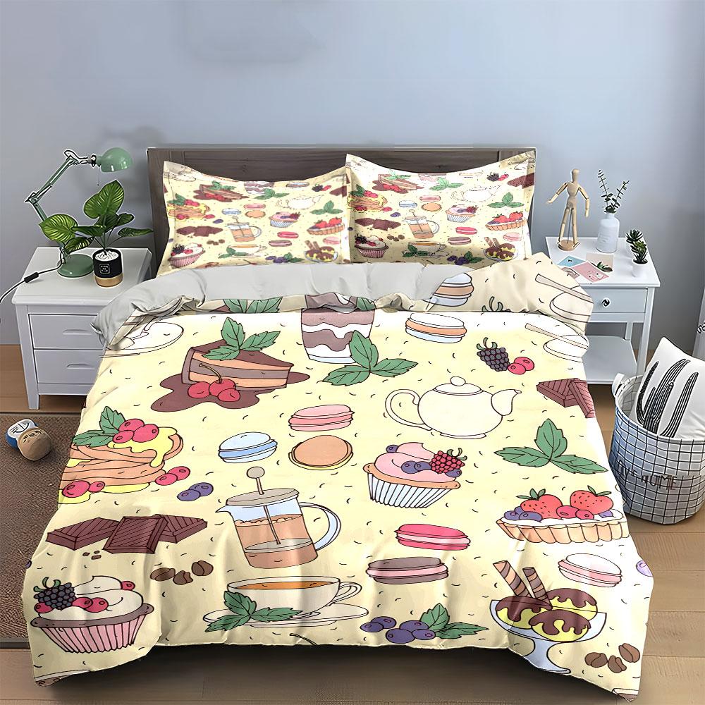 Desserts and Beverages Pattern Bedding Duvet Cover Set (1*Duvet Cover 2*Pillowcases, Without Duvet Insert)