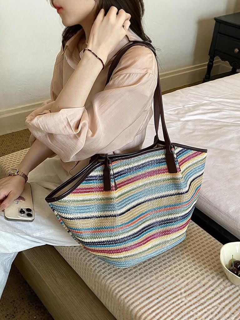 Women's Large Straw Woven Striped Tote - Single Shoulder Crossbody Bag, Casual Travel Handheld Shell Shape