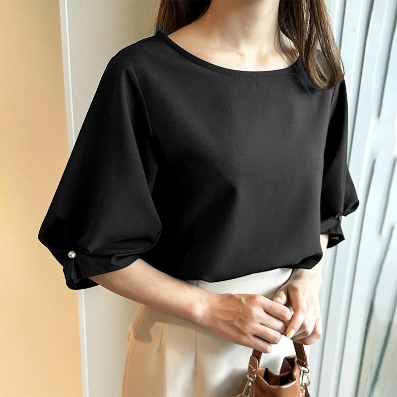 

ZANZEA Женская повседневная блузка с круглым вырезом и коротким рукавом XL чёрный