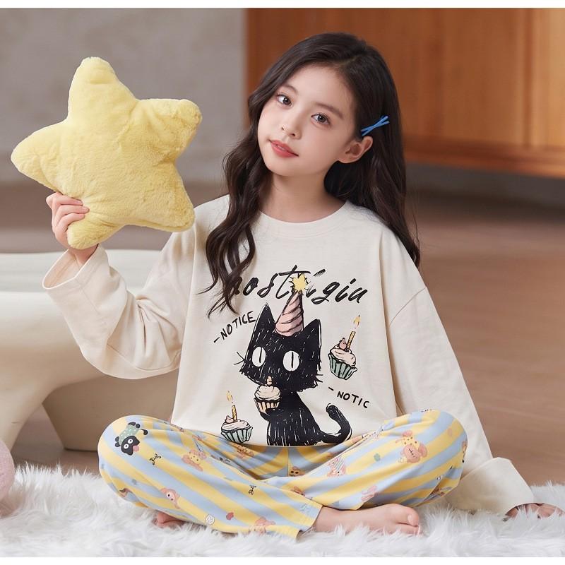 Girls Cotton Pajama Set Long Sleeve Round Neck Cartoon Print Sleepwear Kids Teens Home Wear