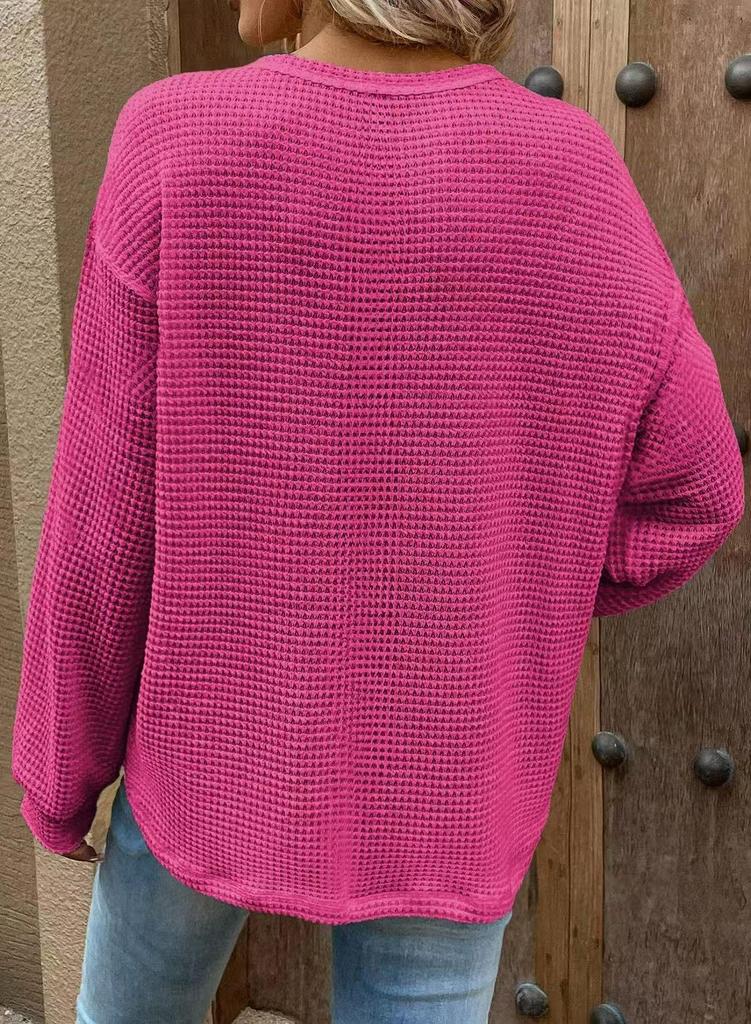 2026 Waffle Knit Round Neck Pocket Casual Loose T-shirt - TikTok Trendy