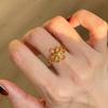 Fashionable and Minimalist Hollow Flower Design, Gold Ring Inlaid with Yellow Zircon, Adjustable Women's Open Ring