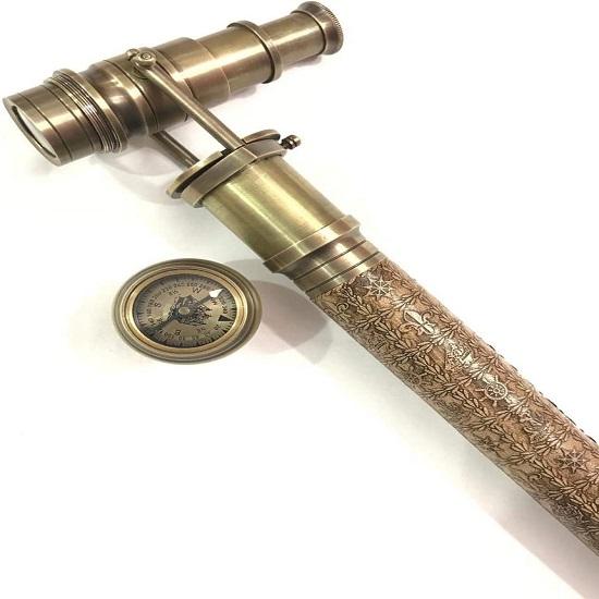 Brass Hidden Telescope Walking Stick Leather Engraved Canes with Compass On Top