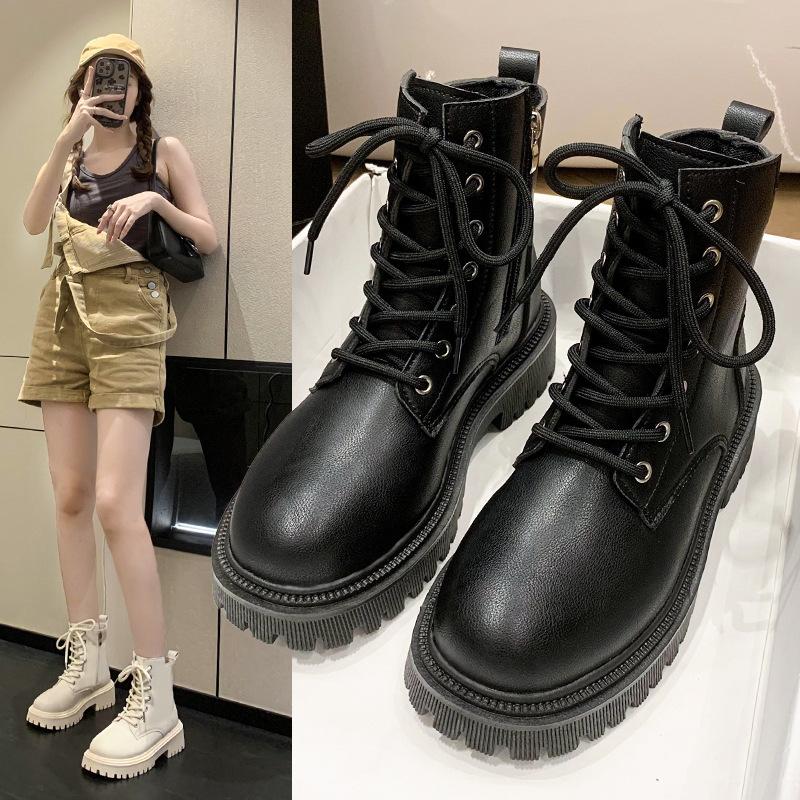 Martin Boots Women's Shoes Spring and Autumn 2024 New High-top Casual Platform Short Boots Square Root Lace-up Velvet Locomotive Boots Women