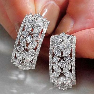 Exquisite Women's Silver Color Rectangular Earrings Vintage Flower Engagement Wedding Earrings Fashion Jewelry Gift